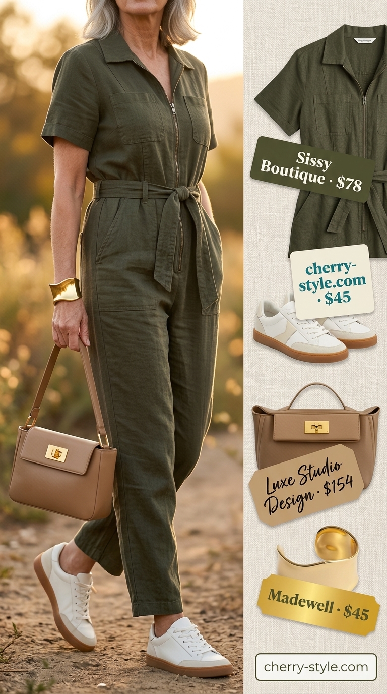 Modern summer linen outfit for women over 60 2026: Olive green utility jumpsuit, loafers & crossbody bag.