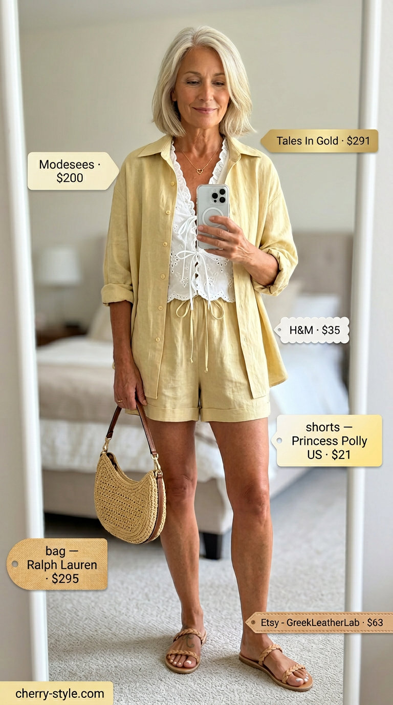 Playful summer linen outfit for women over 60 2026: Yellow shorts, embroidered blouse, straw bag, and leather sandals.