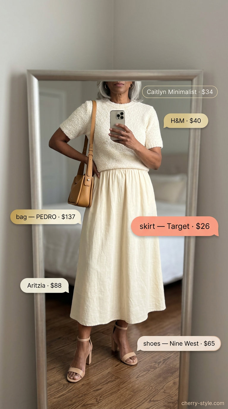 Summer linen outfit for women over 60 2026: Coral linen skirt with cream knit top, nude sandals, and gold jewelry.