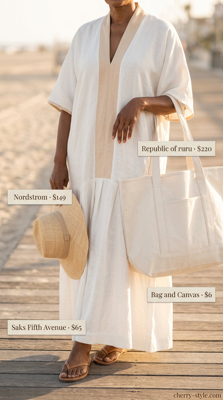 Summer linen outfit for women over 60 2026: White printed linen kaftan dress with straw hat and leather sandals.