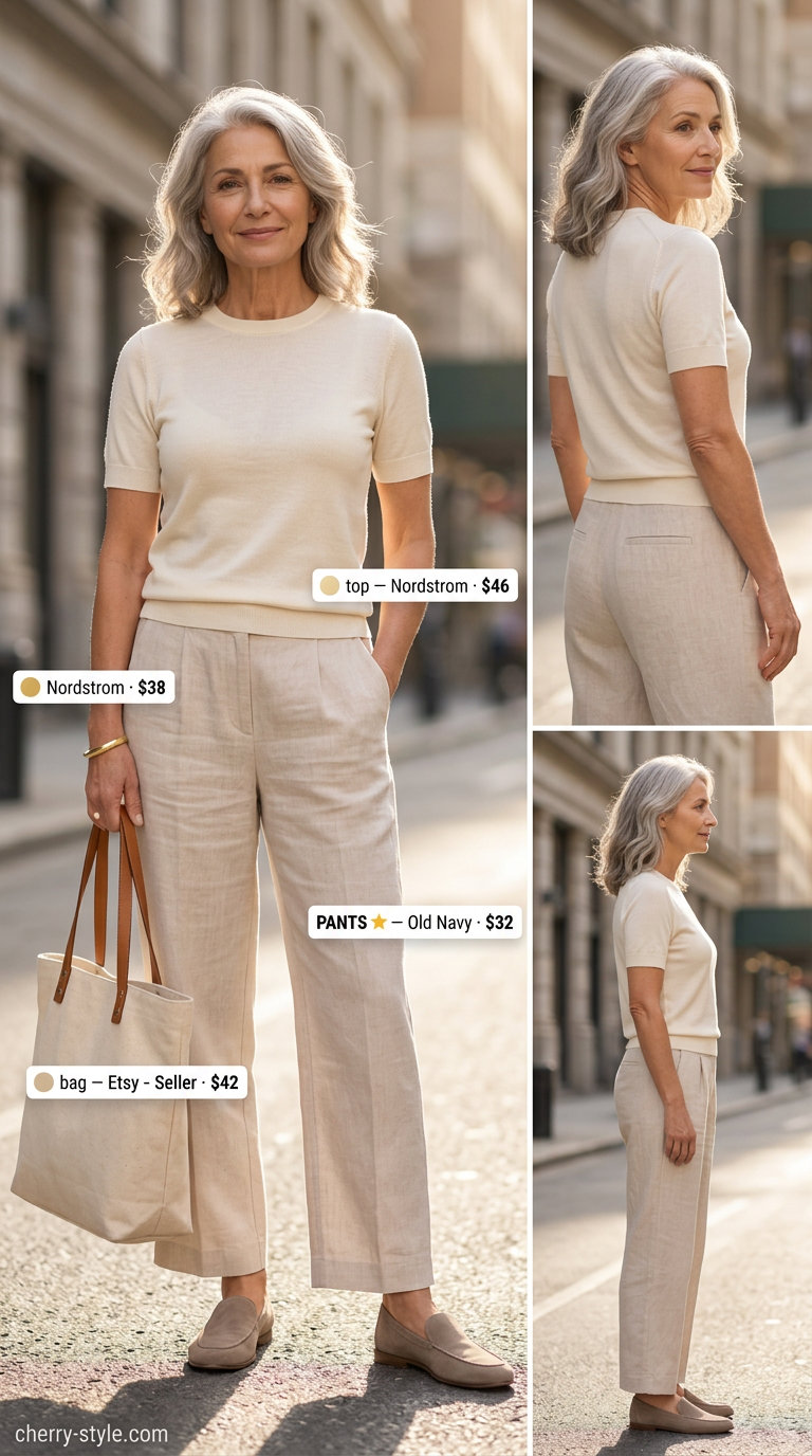 Summer linen outfit for women over 60 2026: Beige linen trousers with cream knit top, loafers, and gold bangle.