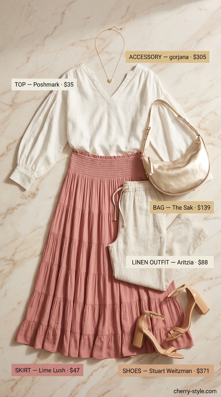 Summer linen outfit for women over 60 2026: Dusty rose linen maxi skirt with ivory peasant blouse and nude sandals.