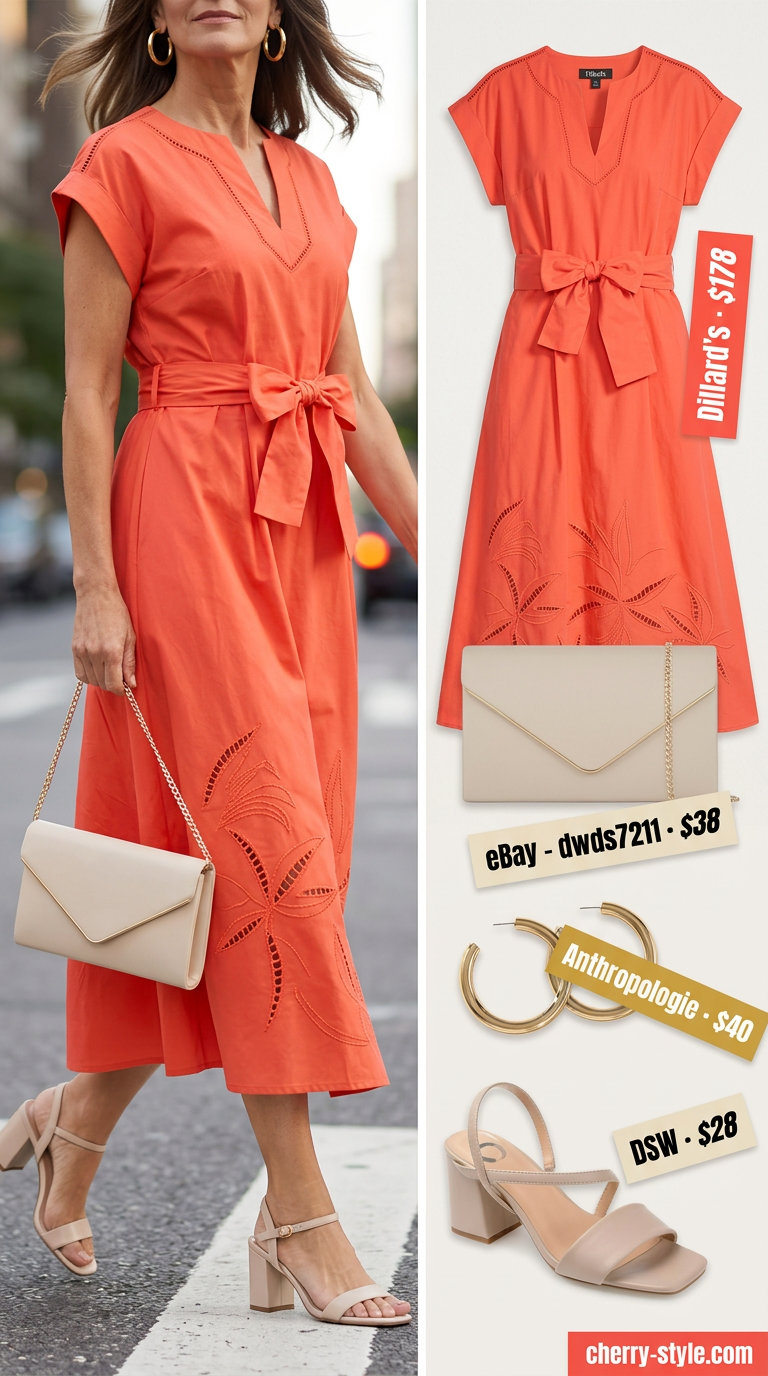 Summer linen outfit for women over 60 2026: Coral orange linen midi dress with block heels and statement gold earrings.