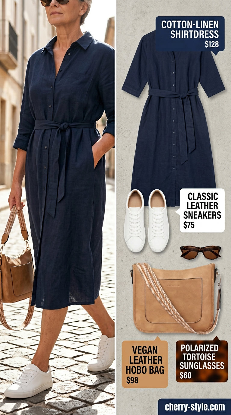 Summer linen outfit for women over 60 2026: Navy blue linen shirt dress with white sneakers and tan crossbody bag.