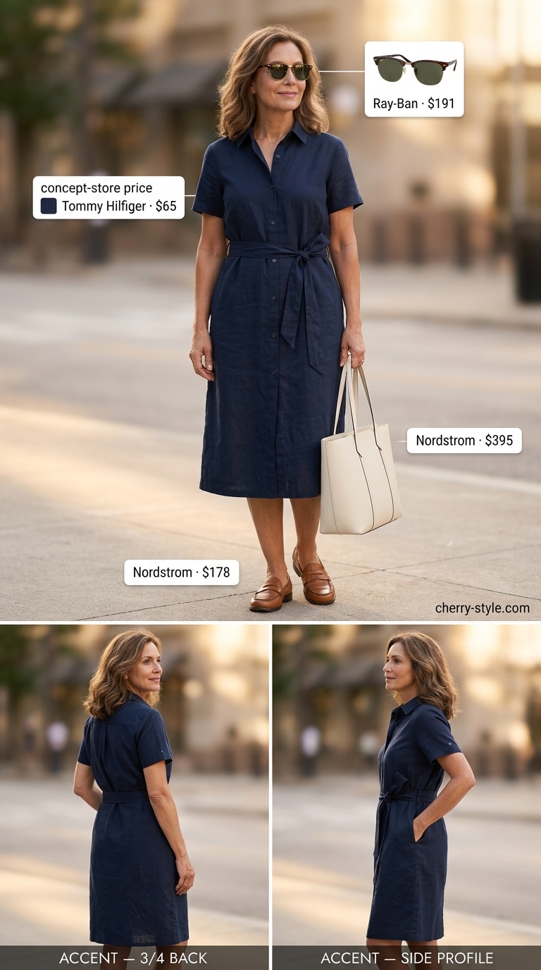 Summer linen outfit for women over 60 2026: Navy blue linen shirt dress with leather loafers and tortoise sunglasses.