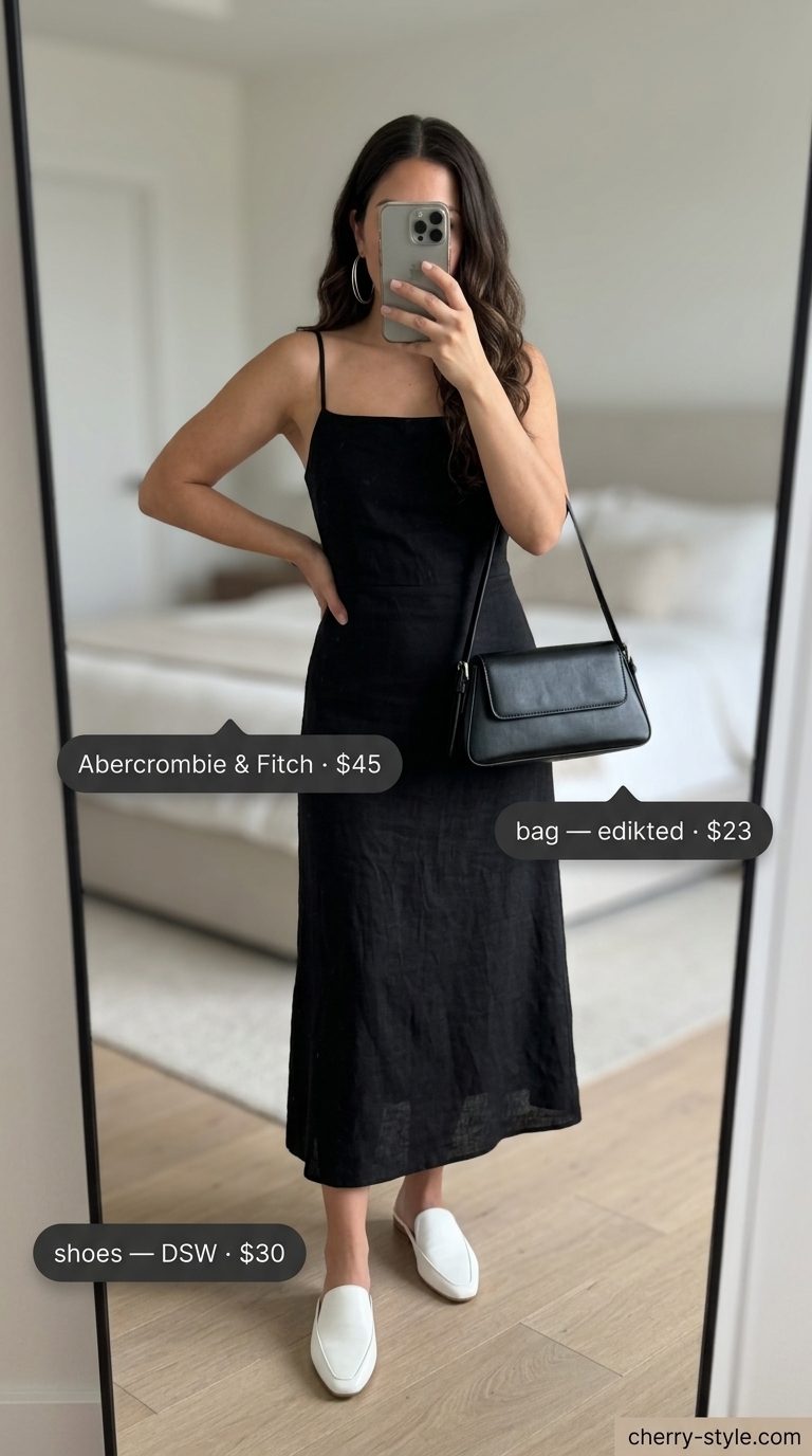 Black linen blend sleeveless column midi dress for urban edge with white mules and silver hoops.