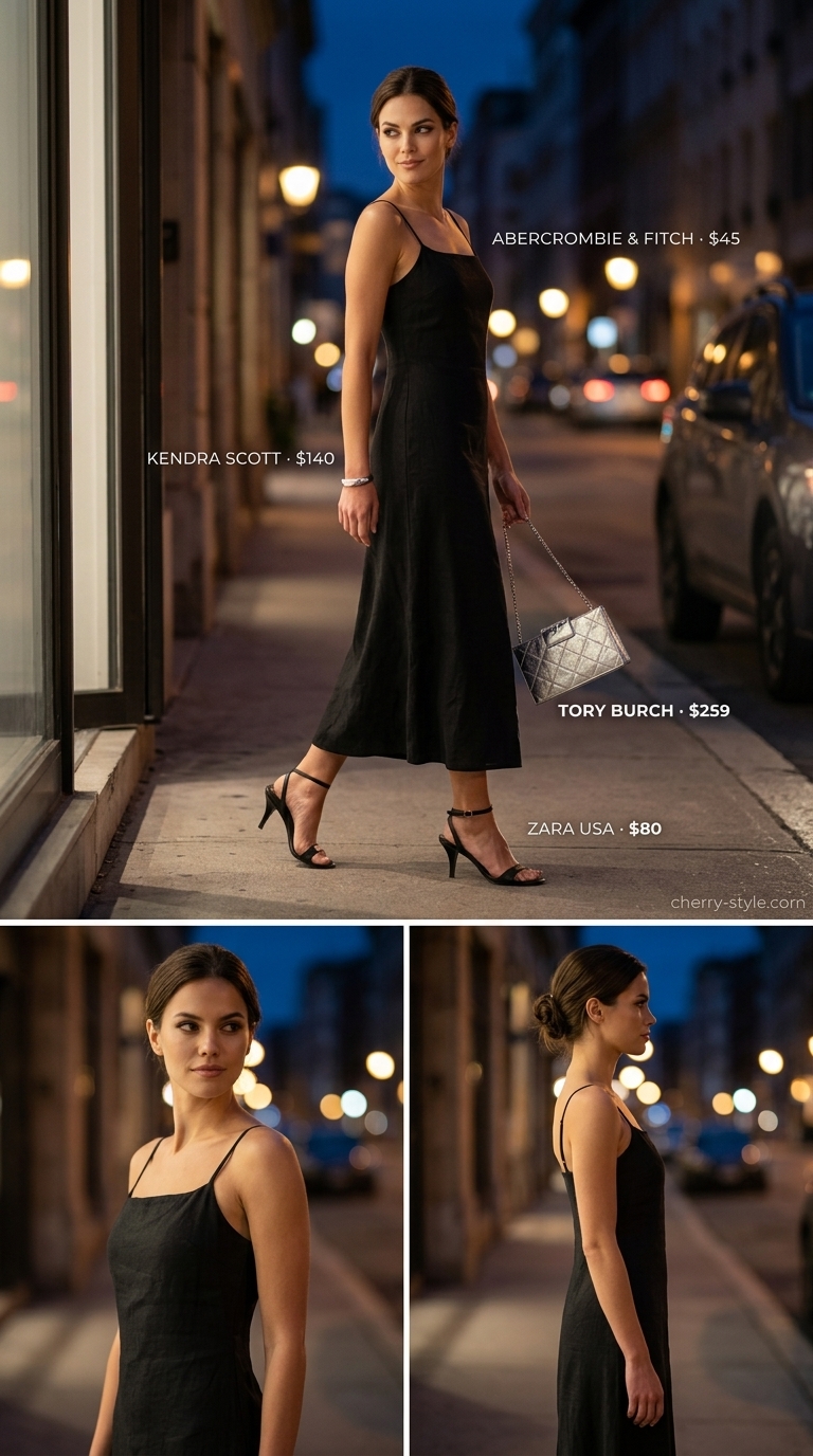 Black linen blend sleeveless midi slip dress for an elegant evening out with silver accessories.