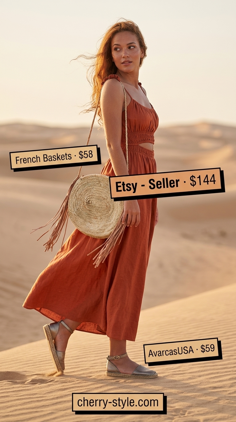 Burnt orange linen sleeveless maxi dress for a desert sunset evening with espadrilles and straw bag.