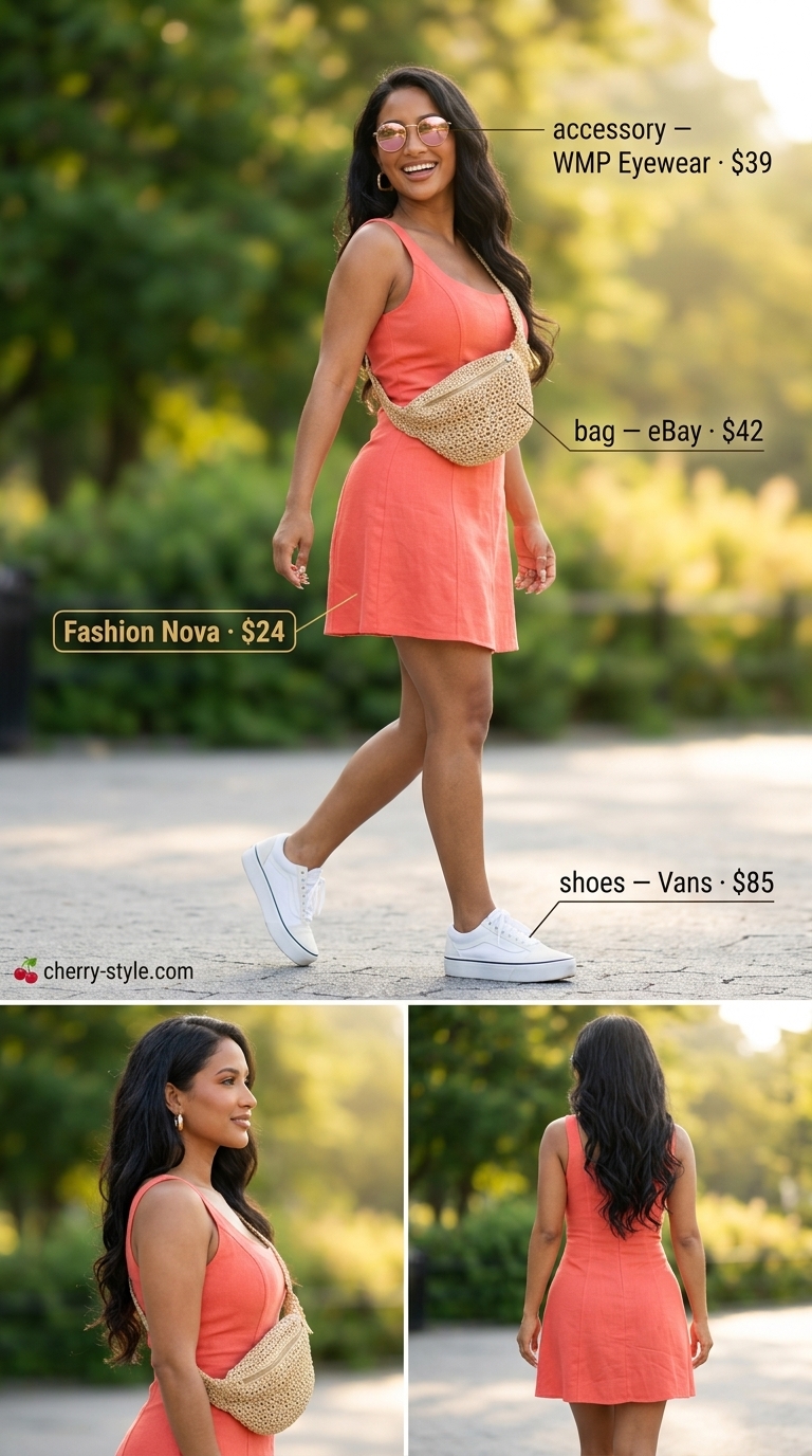 Bright coral linen A-line mini dress for a summer festival with white sneakers and raffia belt bag.