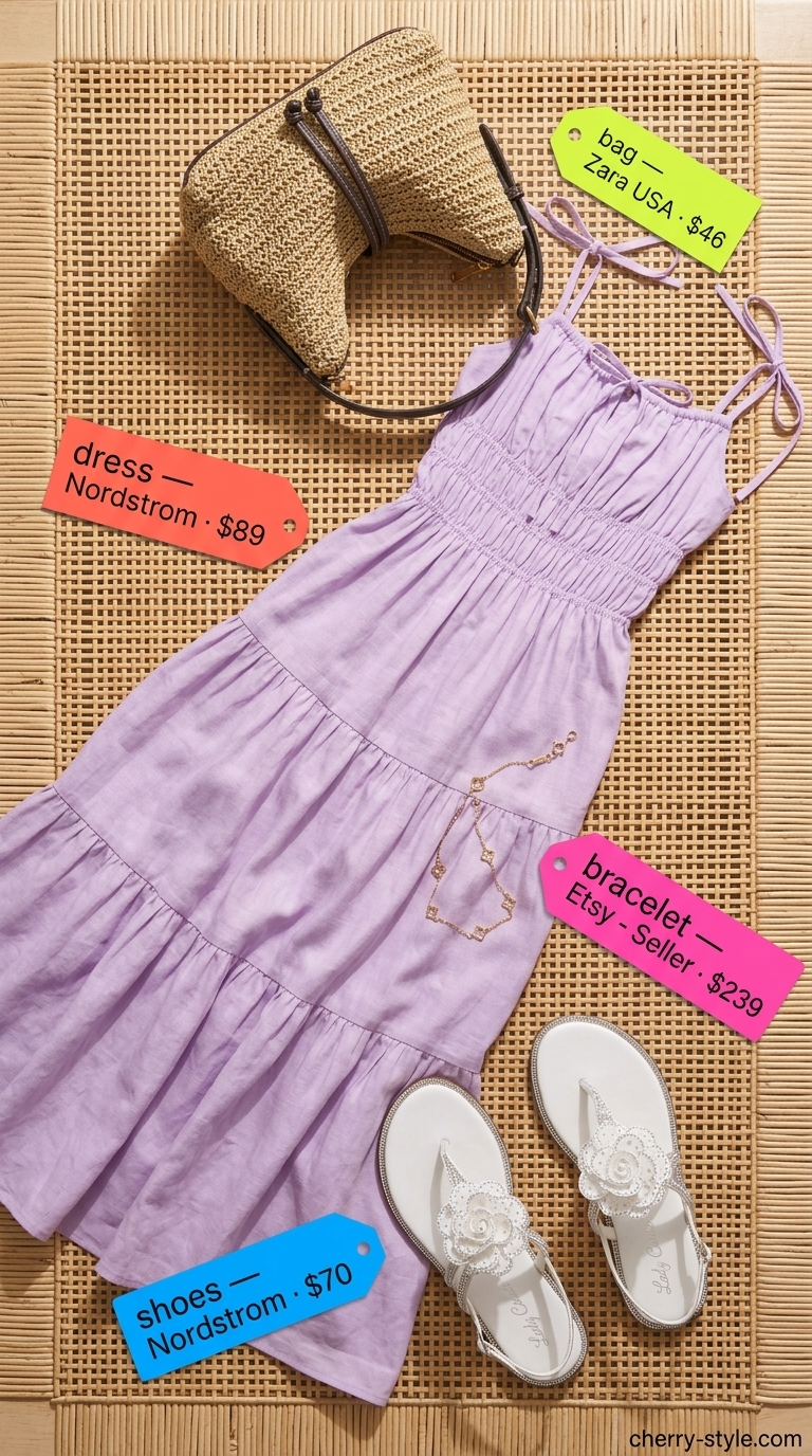 Whimsical lavender linen tiered maxi dress for a garden party with cream sandals and straw bag.