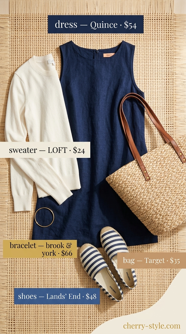 Navy blue linen sleeveless shift dress for a classic nautical lunch with espadrilles and straw bag.