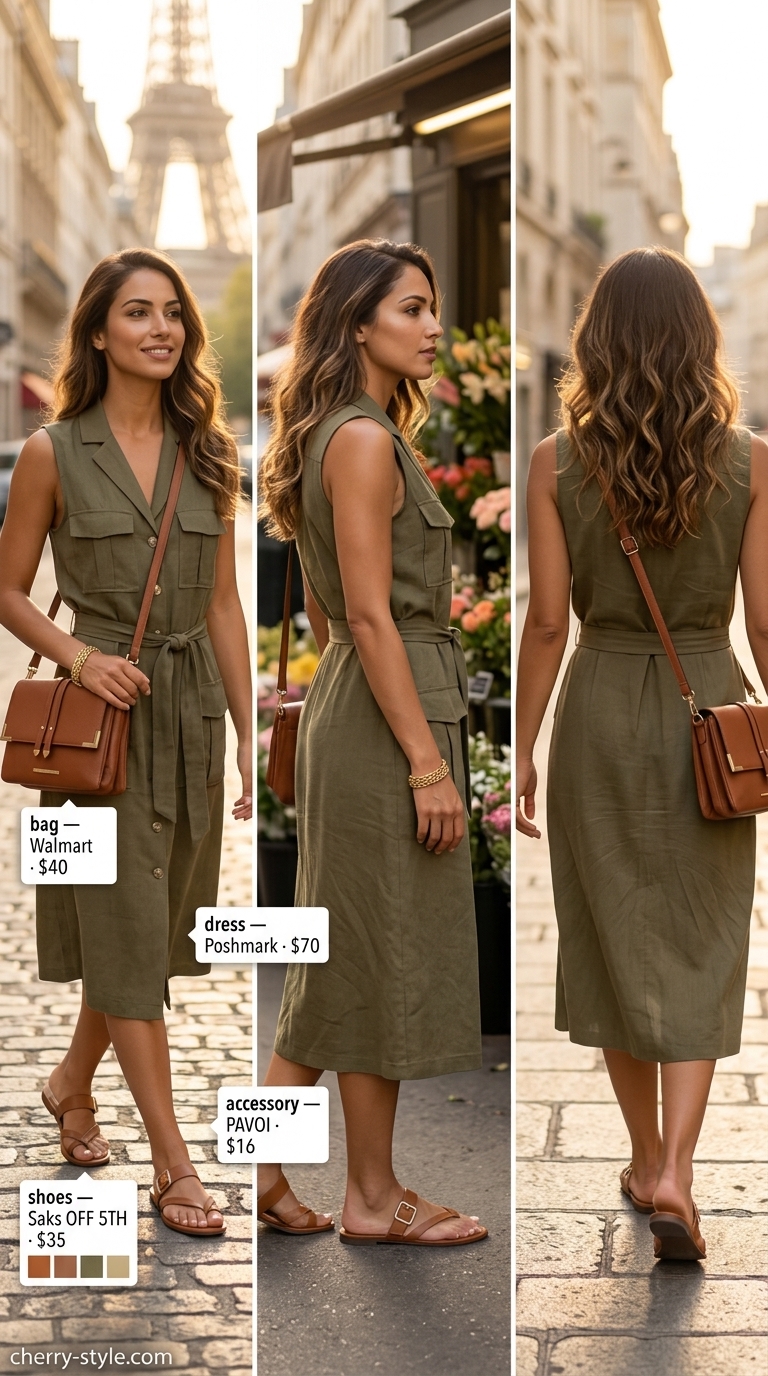 Olive green linen utility midi dress for urban safari with cognac sandals and crossbody bag.