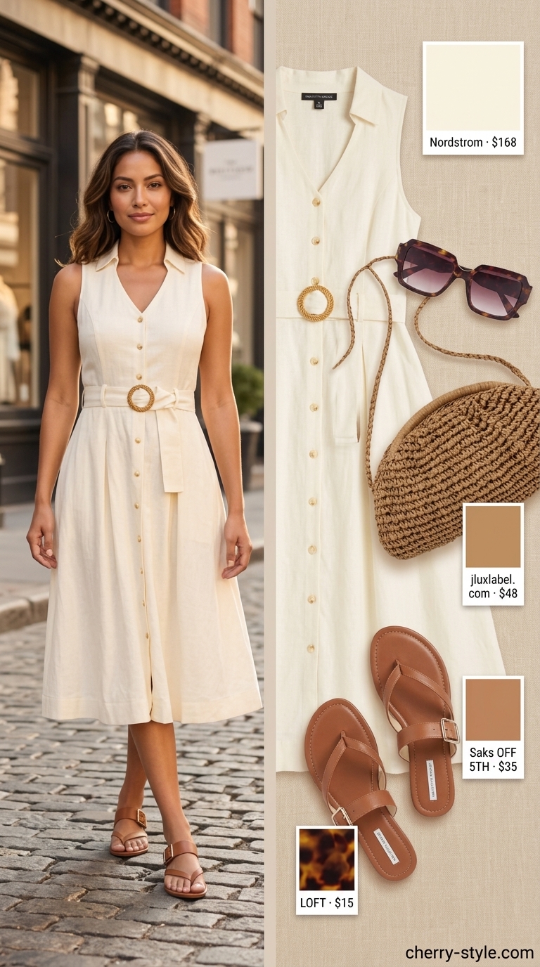 White linen blend shirtdress for Riviera brunch with tan sandals and straw crossbody bag.