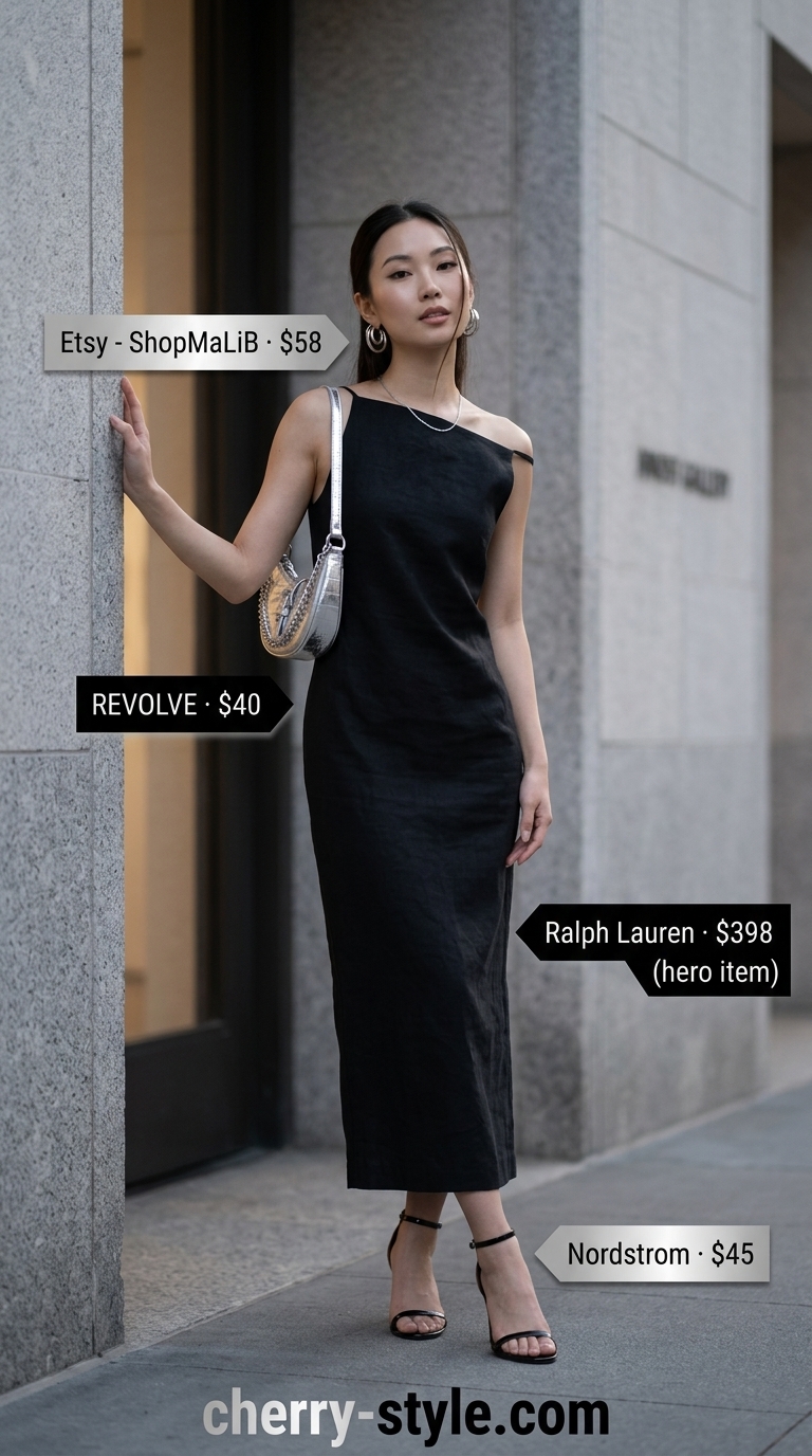 Edgy black linen sleeveless midi dress for women 2026, paired with silver accessories for a gallery night.