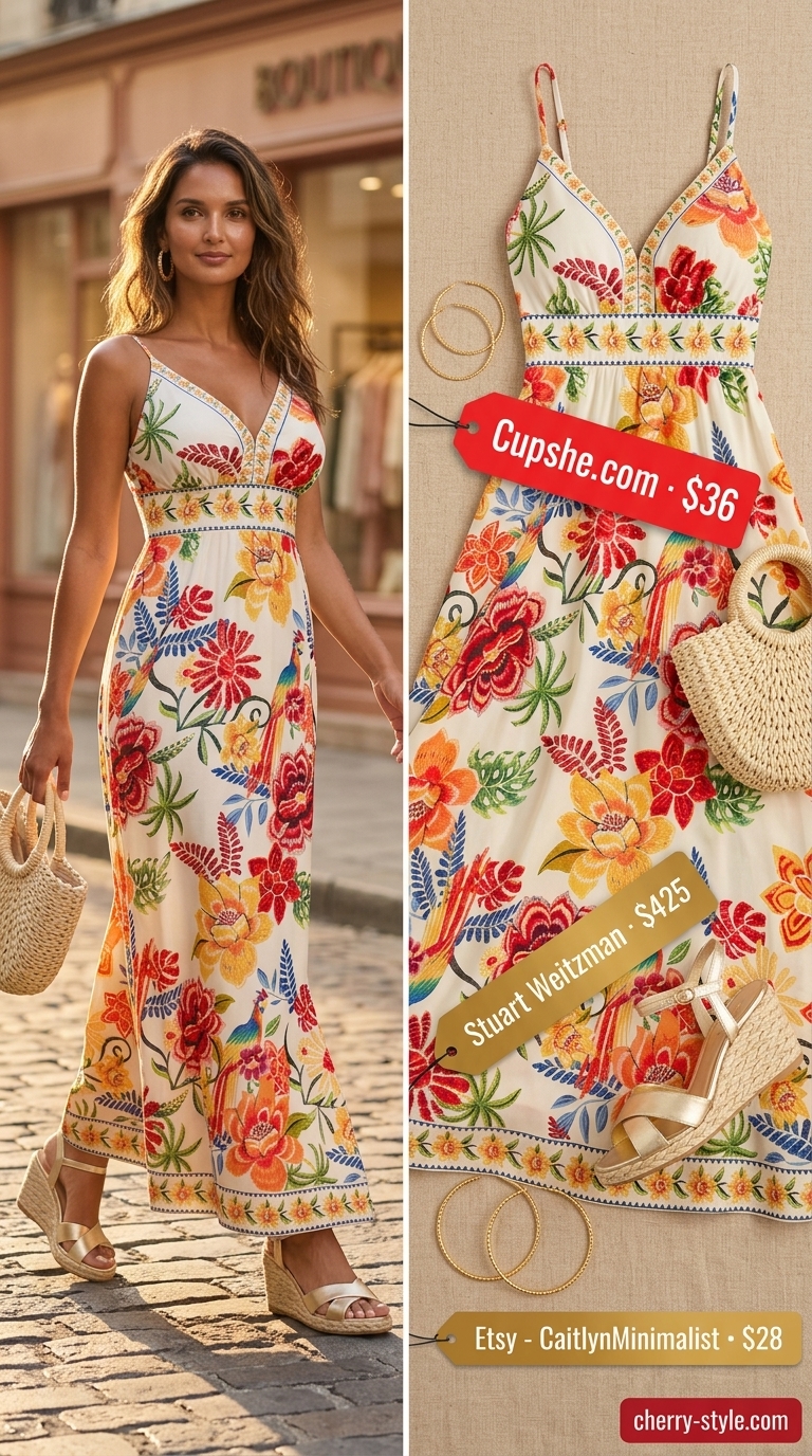 Bohemian floral linen sleeveless maxi dress for women 2026, with espadrille heels and gold bangles for a garden party.