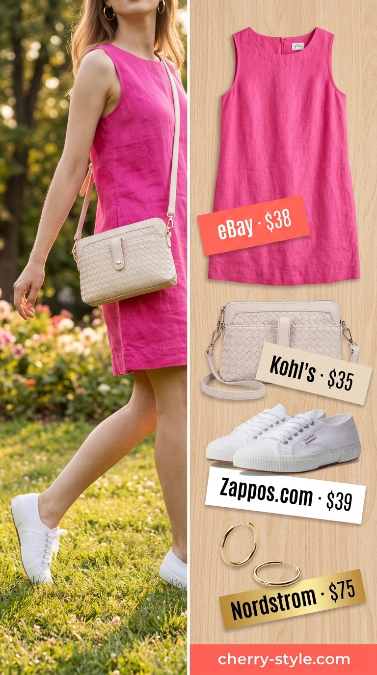 Playful hot pink linen sleeveless mini shift dress for women 2026, styled for a park picnic with sneakers.