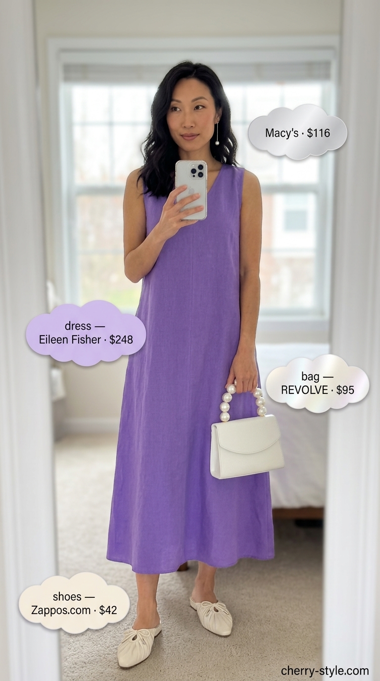 Elegant lavender linen sleeveless midi dress for women 2026, paired with white mules and pearl earrings for brunch.
