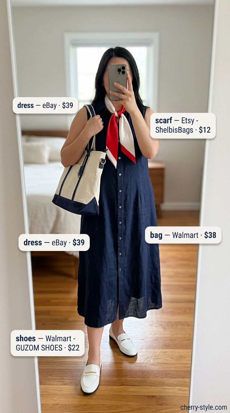 Classic navy linen sleeveless shirt dress for women 2026, styled for a casual office day with loafers and tote.