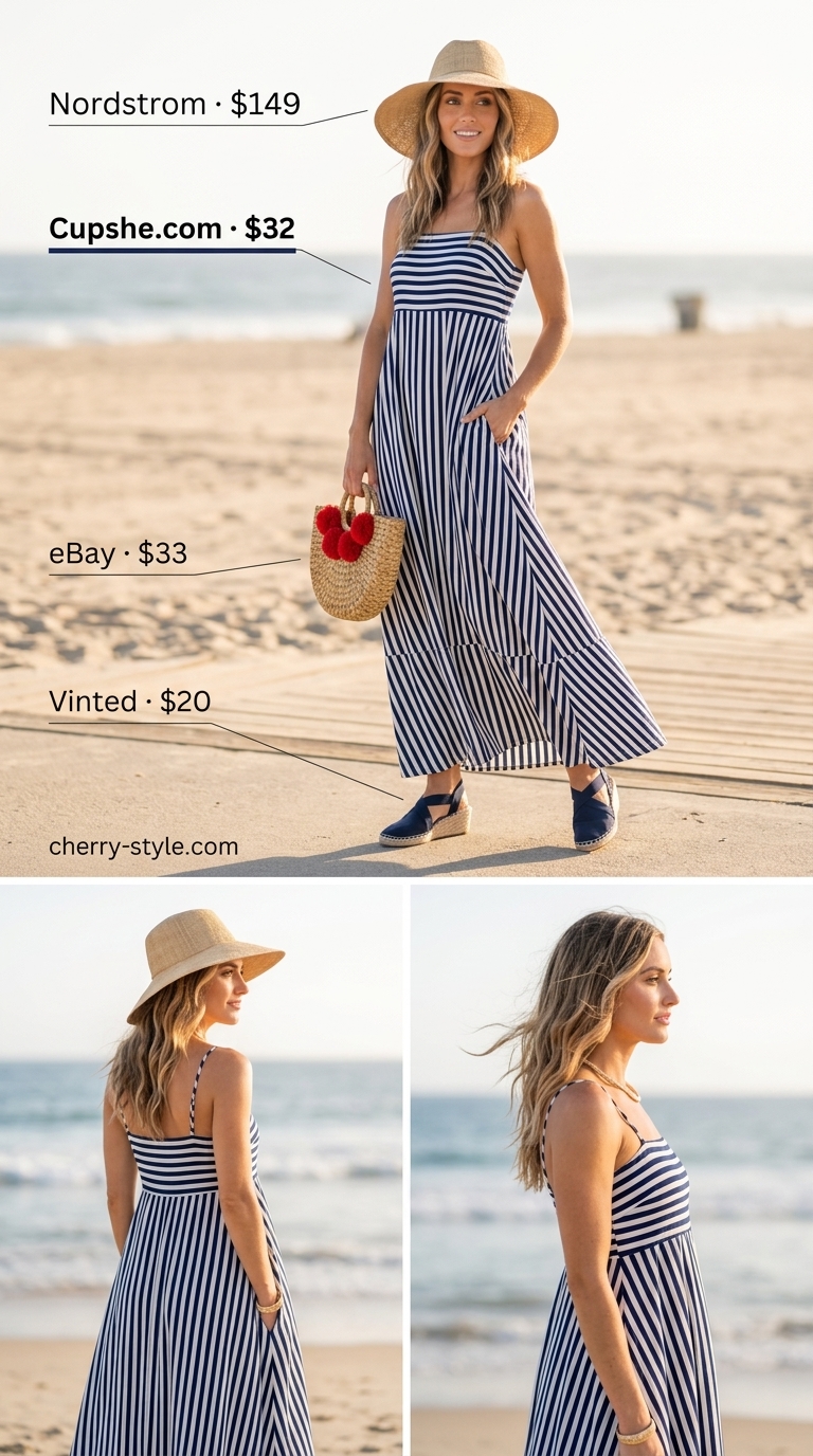 Coastal navy and white striped linen sleeveless maxi dress for women 2026, with espadrilles and straw hat for vacation.