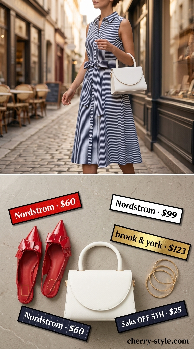 Chic navy and white striped linen sleeveless midi shirt dress for women 2026, for city strolls.