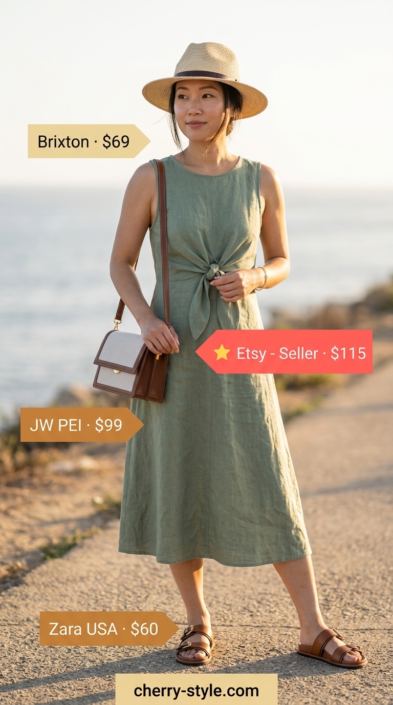 Stylish olive green linen sleeveless midi dress for women 2026, perfect for a lakeside lunch with brown sandals.