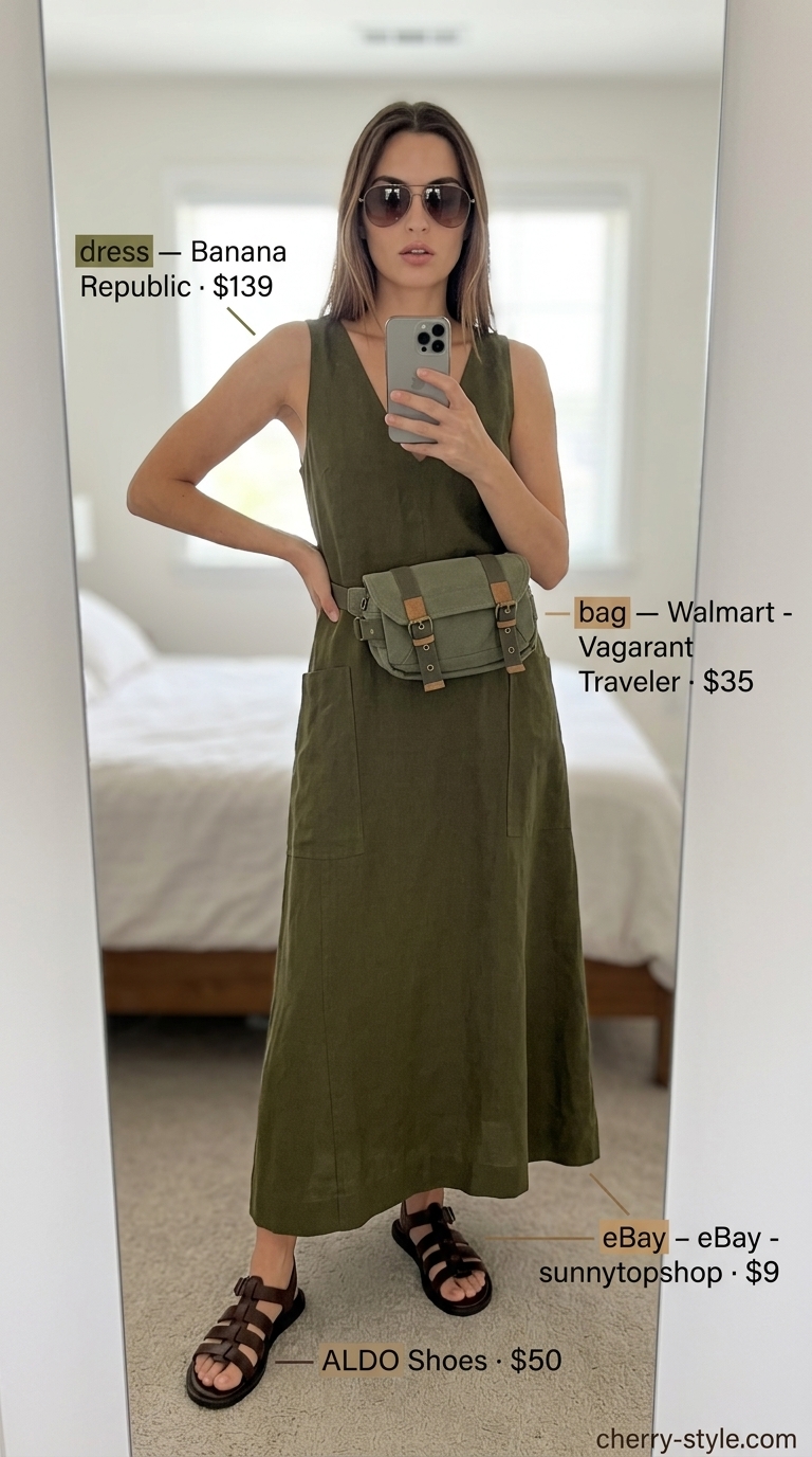 Olive green linen utility dress for women 2026, with leather sandals and aviators for outdoor adventures.