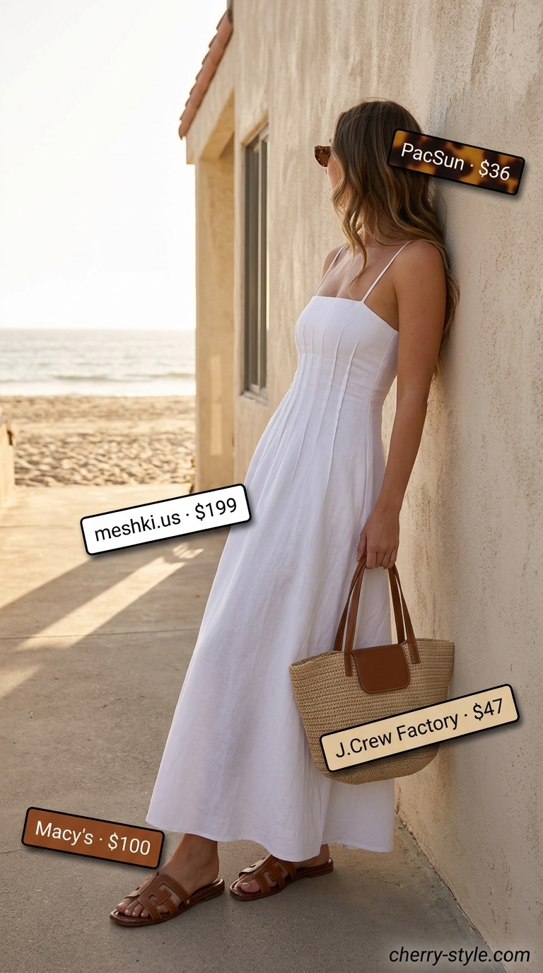 Chic white linen sleeveless maxi dress for women 2026, styled for a coastal brunch with tan slides and straw tote.
