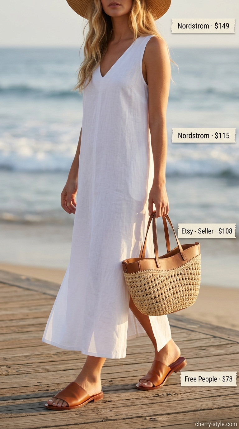 Crisp white linen sleeveless maxi dress for women 2026, with tan slides and straw hat for seaside serenity.