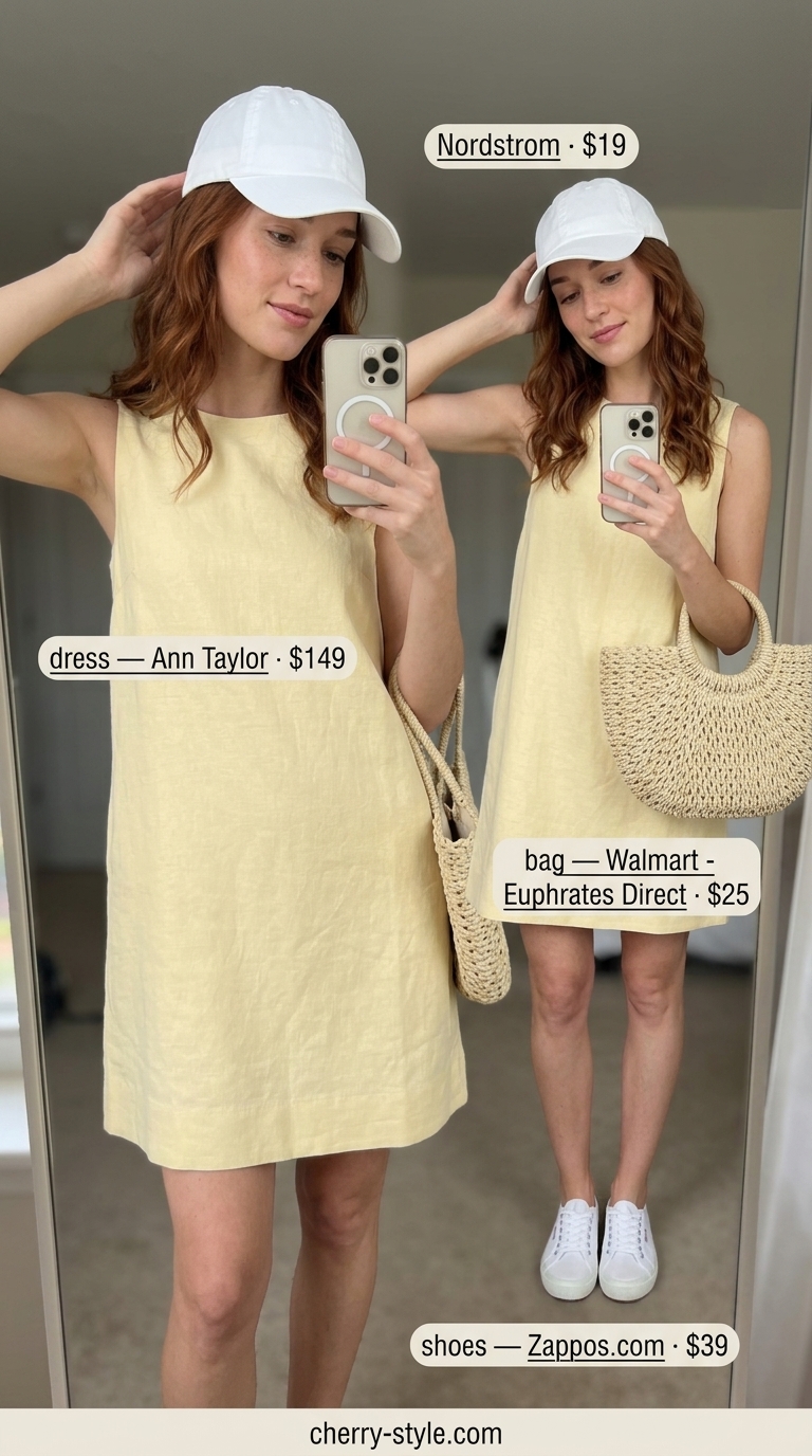 Sunny yellow linen sleeveless shift dress for women 2026, with white sneakers and baseball cap for a park day.