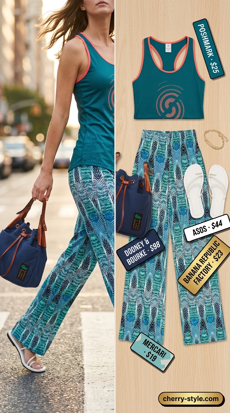 Breezy summer trousers set for women 2026: Teal abstract print pants, matching crop top, white sandals, navy bag.