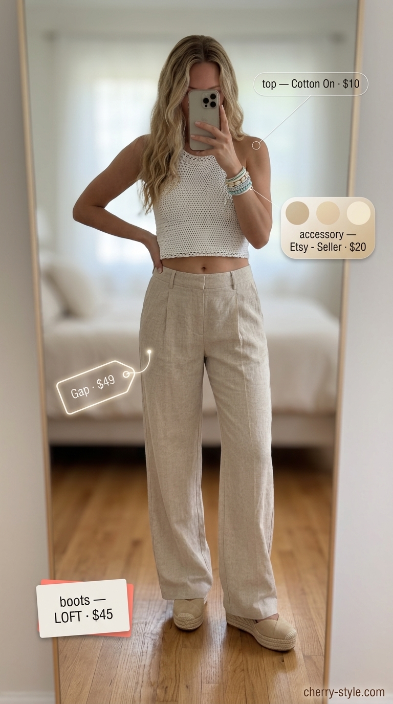 Beachy linen trousers for women 2026: Beige low-waist linen pants, white crochet top, espadrilles, straw tote.