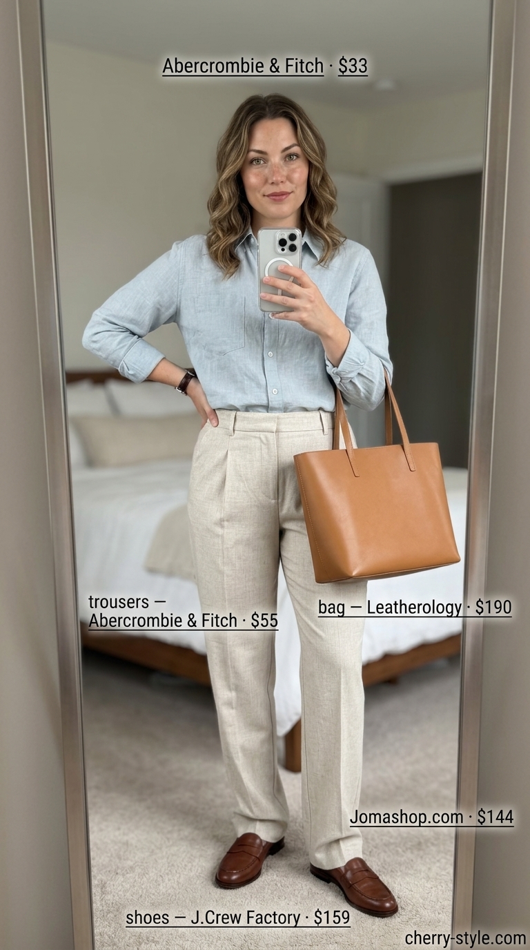 Beige mid-rise tailored trousers for women 2026 with light blue shirt & loafers for office wear.