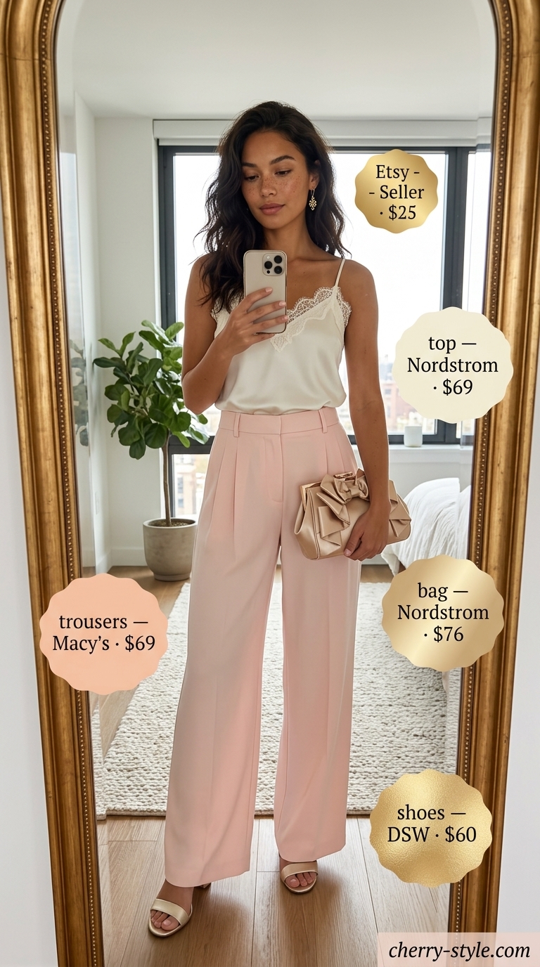 Wide leg summer trousers for women 2026: Blush pink fluid trousers, cream camisole, strappy gold heels, embellished clutch.