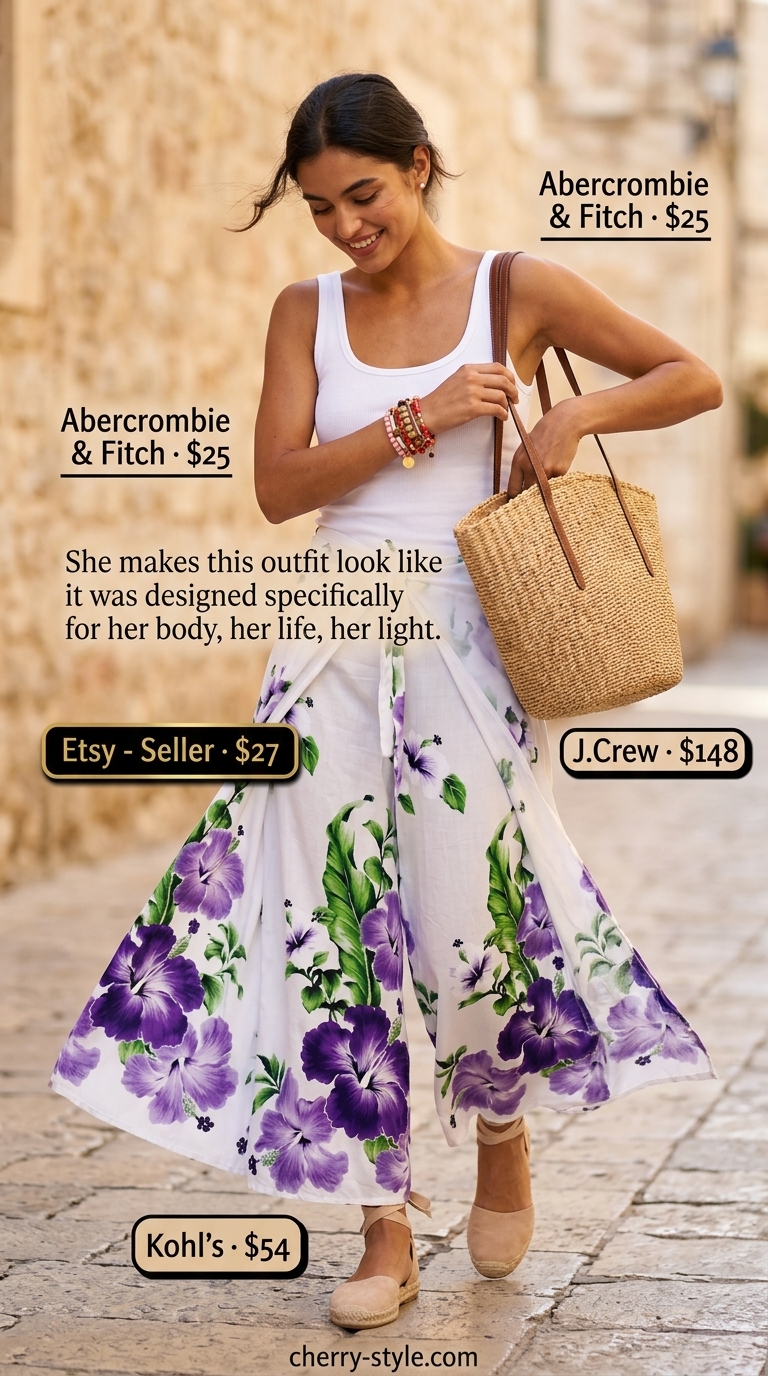 Bohemian low-waist trousers for women 2026: Floral wide-leg pants, white tank, beaded bracelets, straw bag.