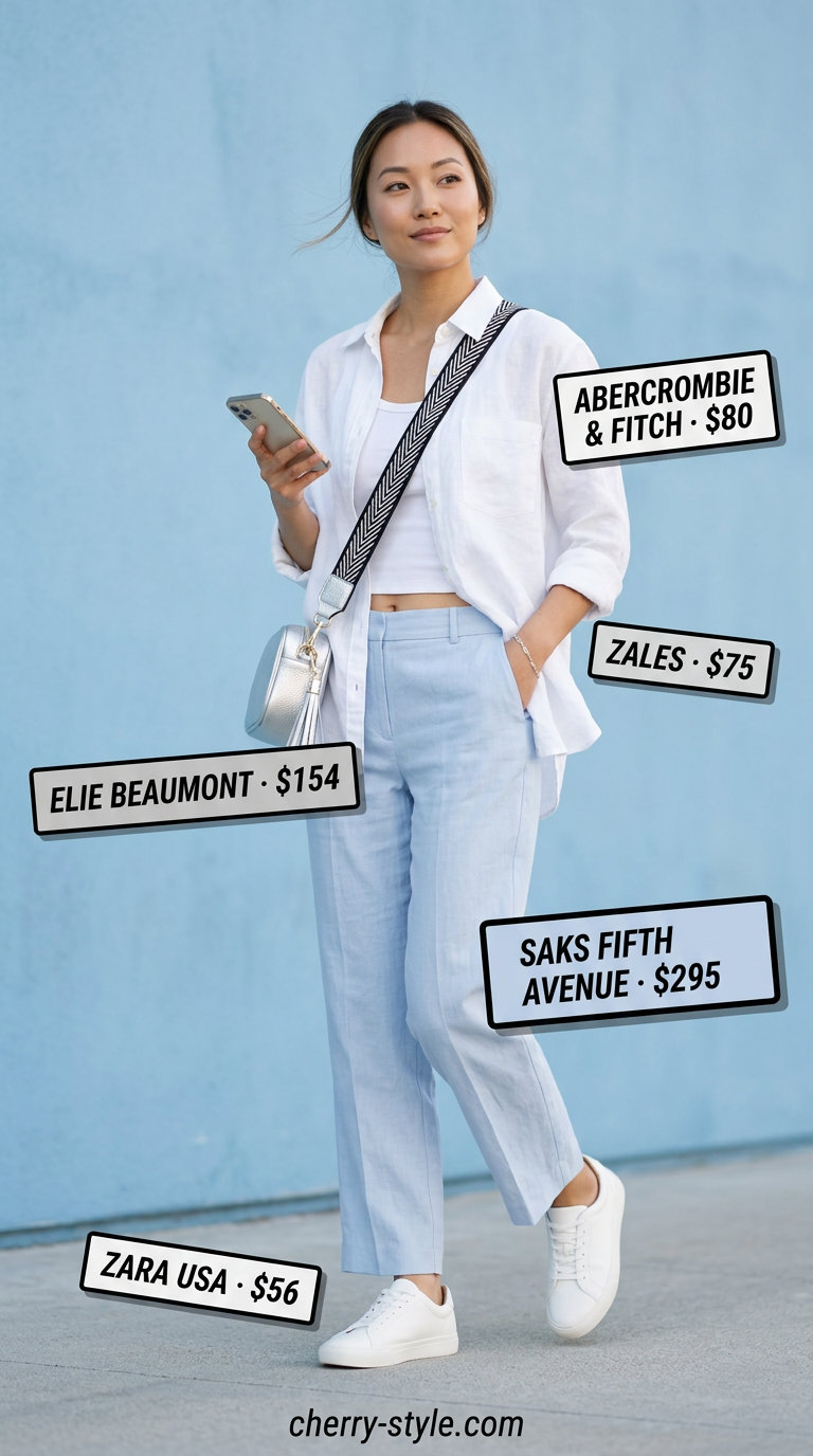 Chic linen trousers set for women 2026: Sky blue high-waist trousers, white linen shirt, white sneakers, silver bag.