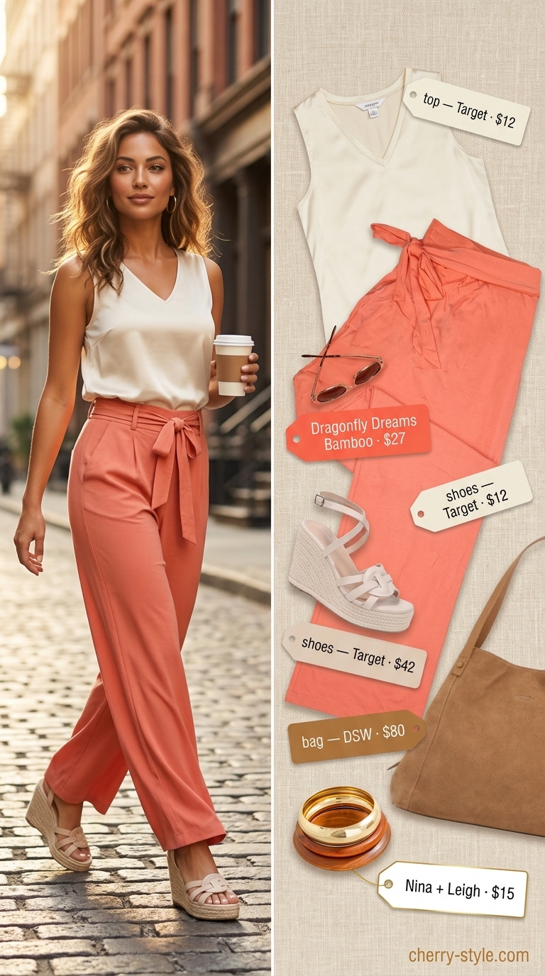 Coral low-waist palazzo trousers for women 2026 with cream blouse & espadrilles for summer dinner.