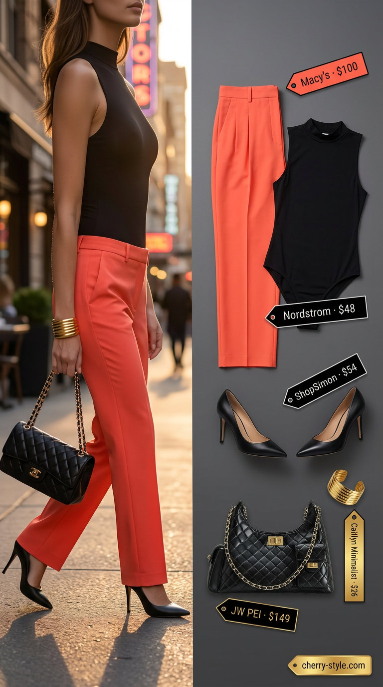 Sunset city trousers for women 2026: Coral straight-leg pants, black bodysuit, black mules, gold cuff bracelet.