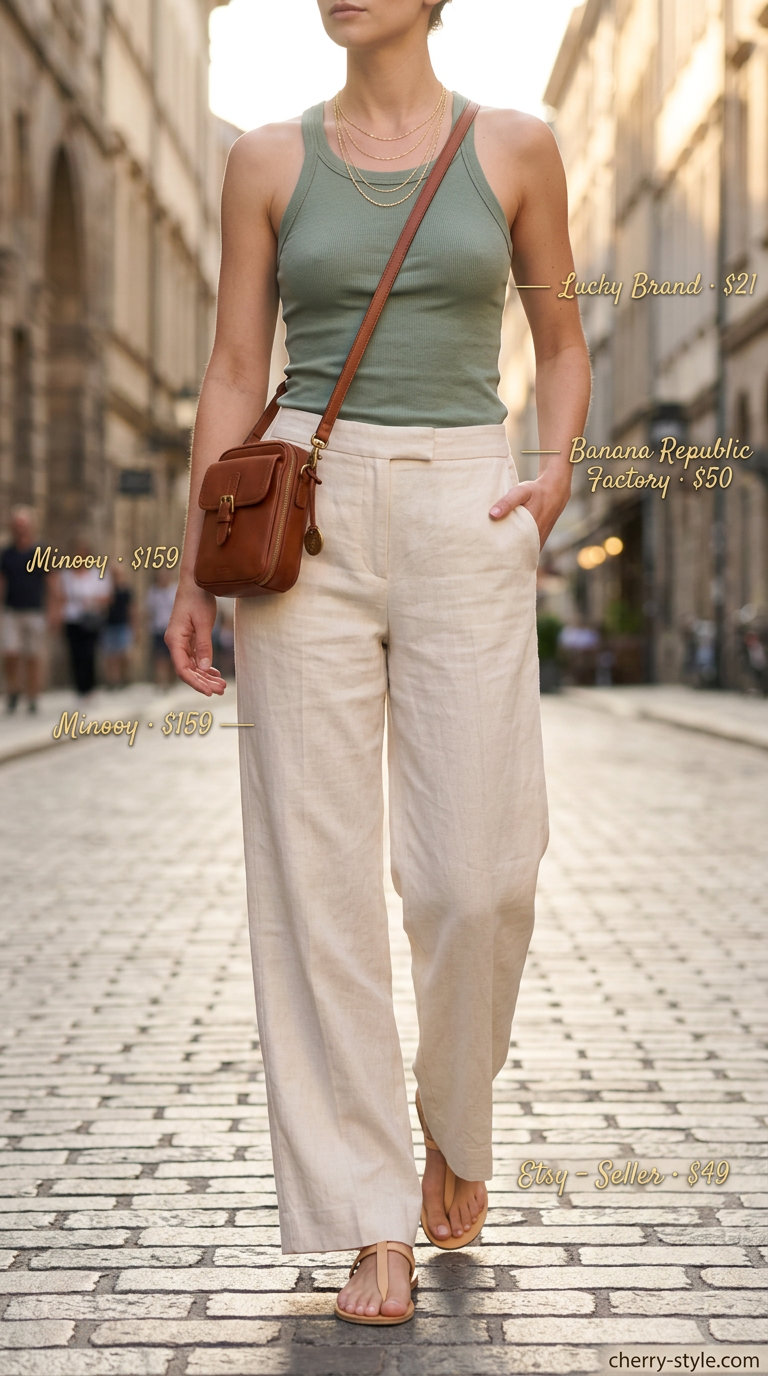 Cream high-waisted linen trousers for women 2026 styled with sage tank & sandals for chic daytime.