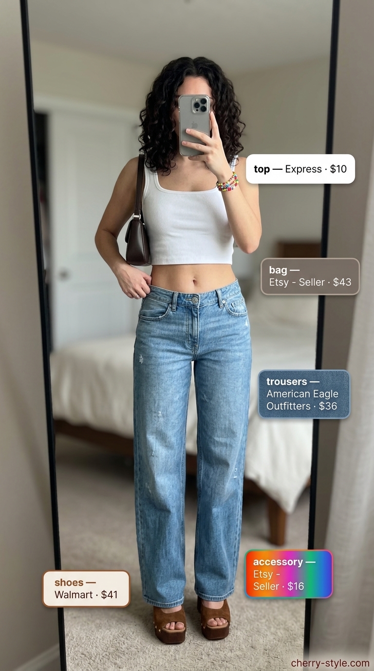 Light wash low-waist denim trousers for women 2026 with white crop top & platform sandals for retro vibe.