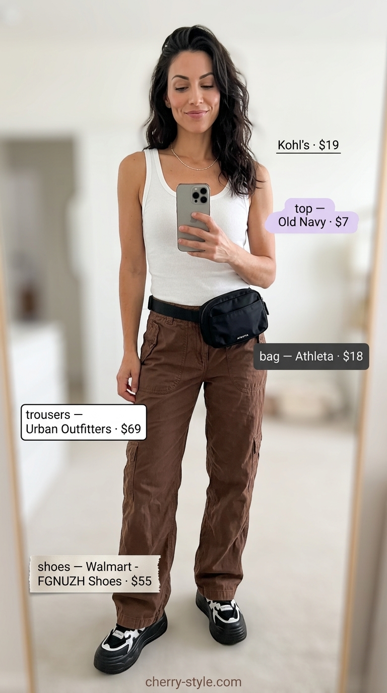 Khaki low-waist cargo trousers for women 2026 with white tank & platform sneakers for casual style.