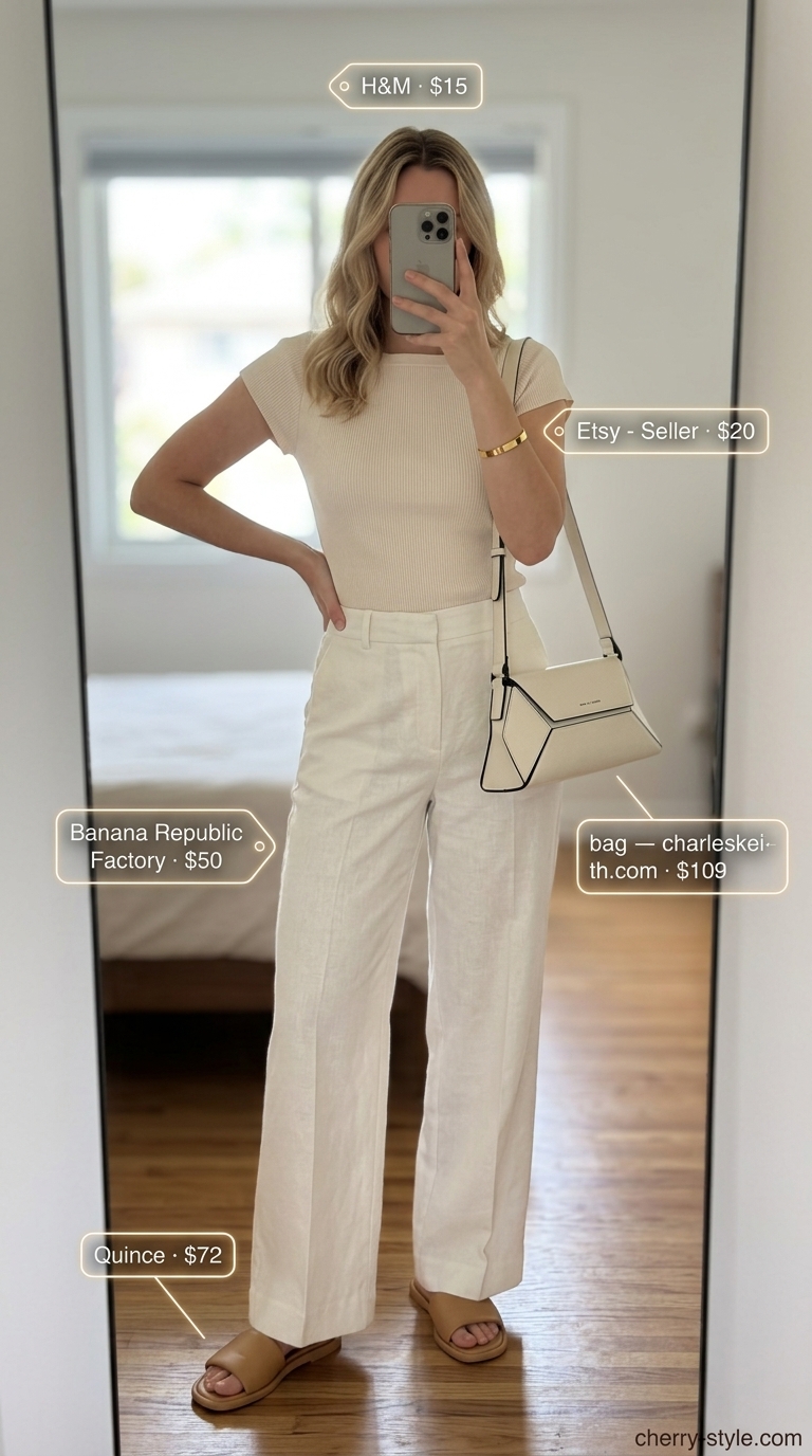 Monochrome linen trousers for women 2026: Ivory wide-leg pants, beige knit top, leather slides, gold bangle.