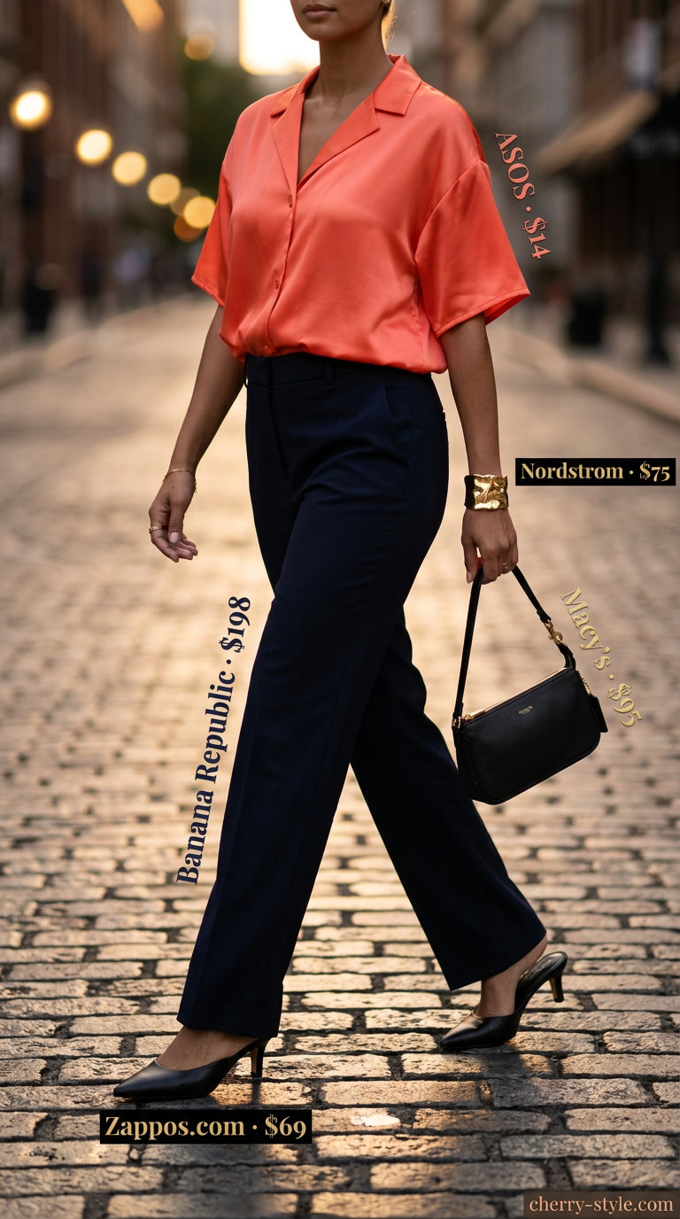 Navy mid-rise tailored trousers for women 2026 with coral blouse & heeled mules for evening out.