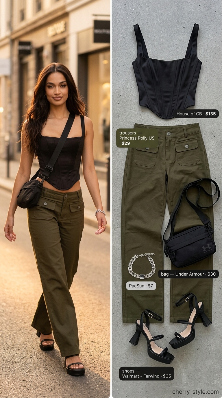 Olive green low-waist cargo trousers for women 2026 with corset top & platform sandals for edgy style.