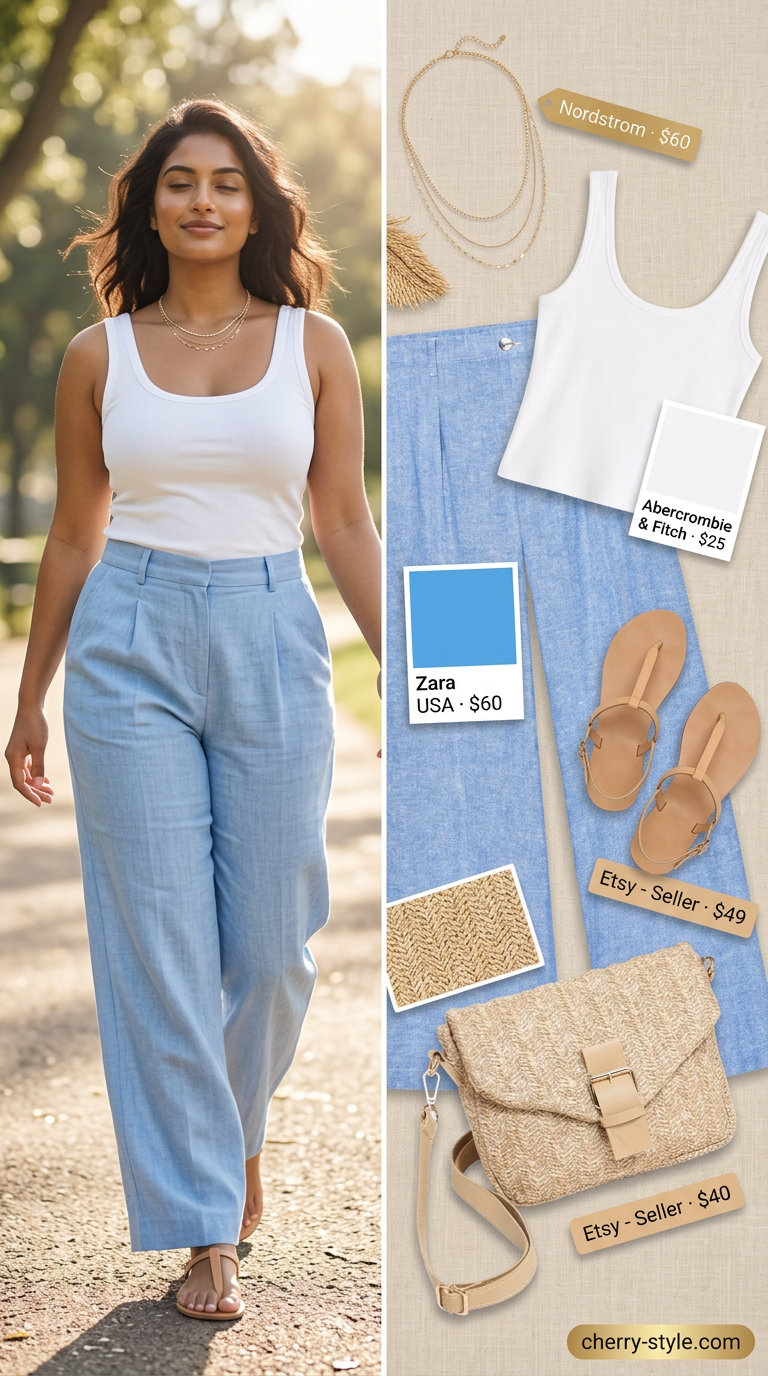 Sky blue linen low-waist trousers for women 2026 with white tank & sandals for beachy chic.