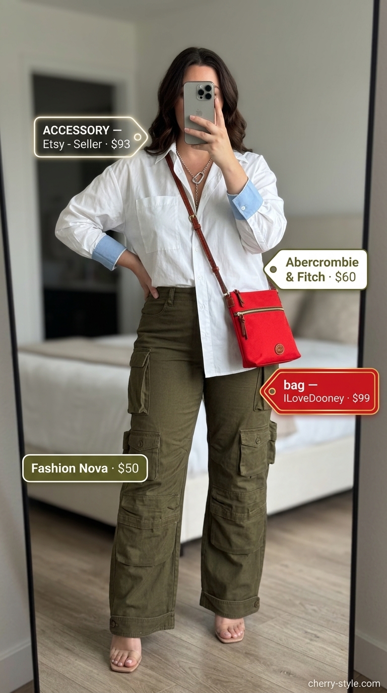 Urban oasis trousers for women 2026: Olive green cargo pants, oversized white shirt, red crossbody bag, combat boots.