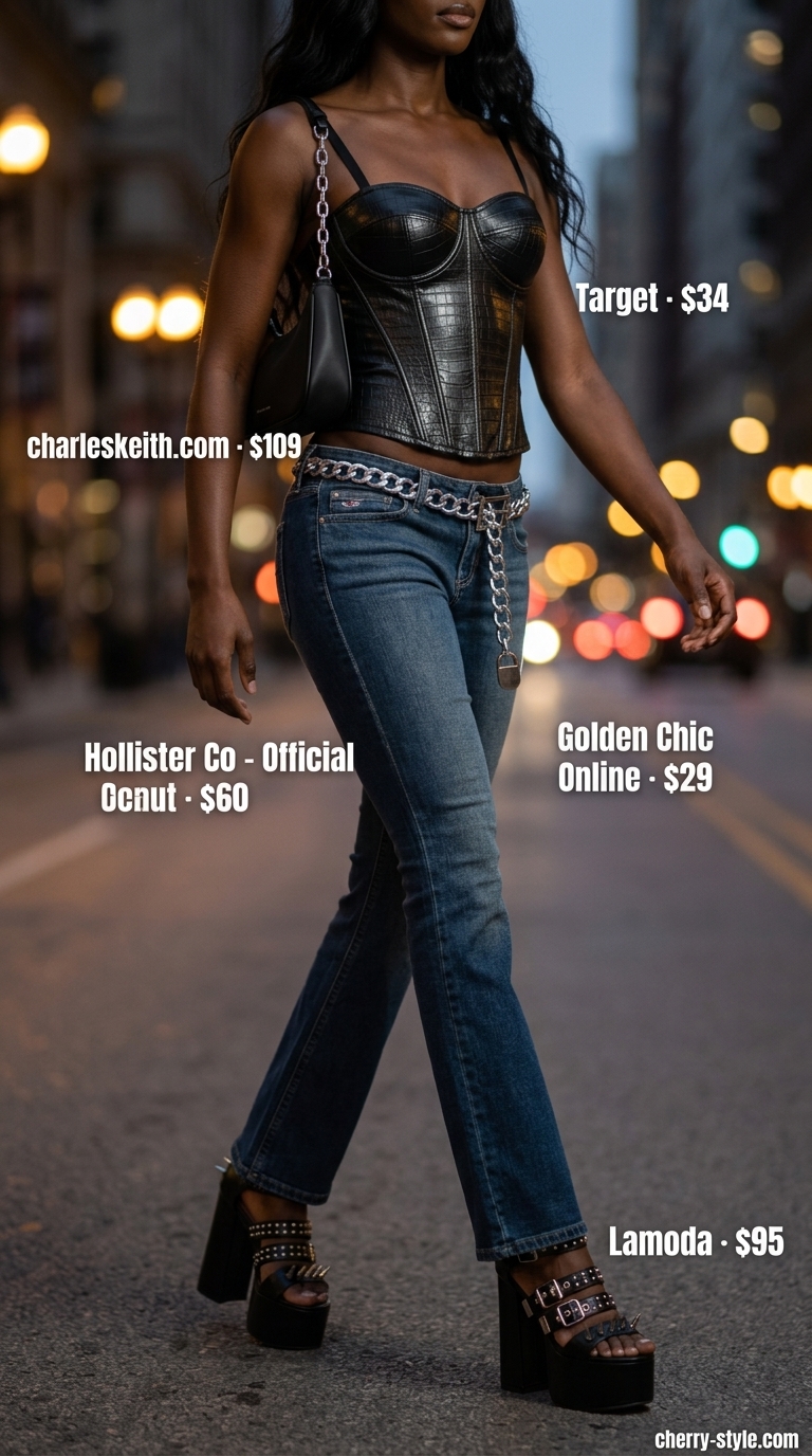 Low-rise denim trousers for women 2026: Y2K inspired outfit with black corset top, denim jeans, platform sandals.