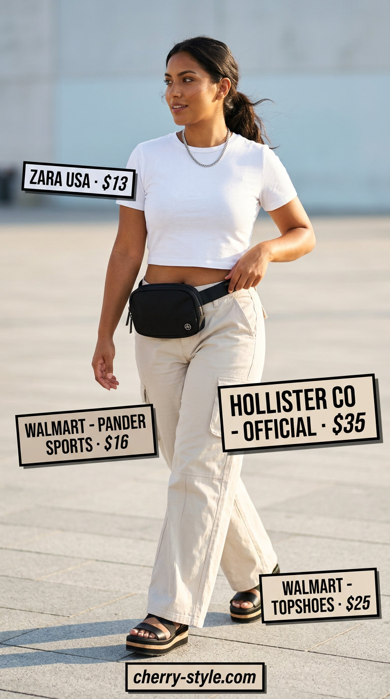 Edgy street style with stone low-rise cargo pants and white cropped tee for women 2026.