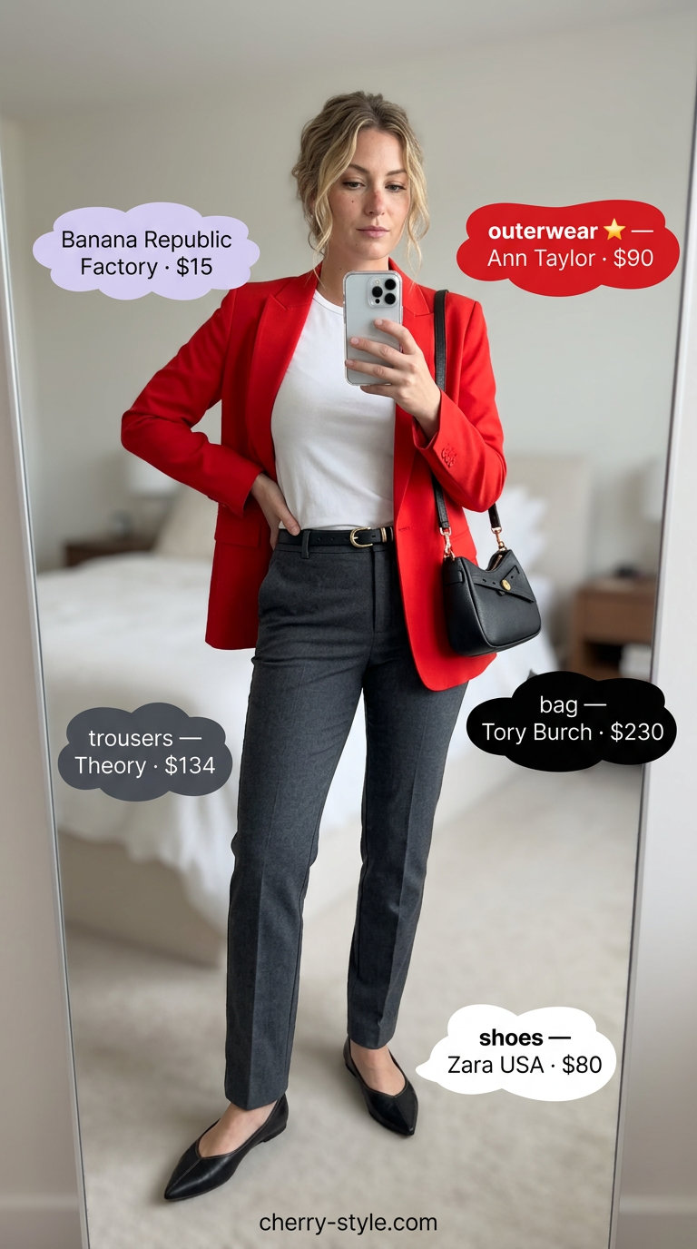Chic city outfit with charcoal grey low-waist trousers, white tee, red blazer for women 2026.