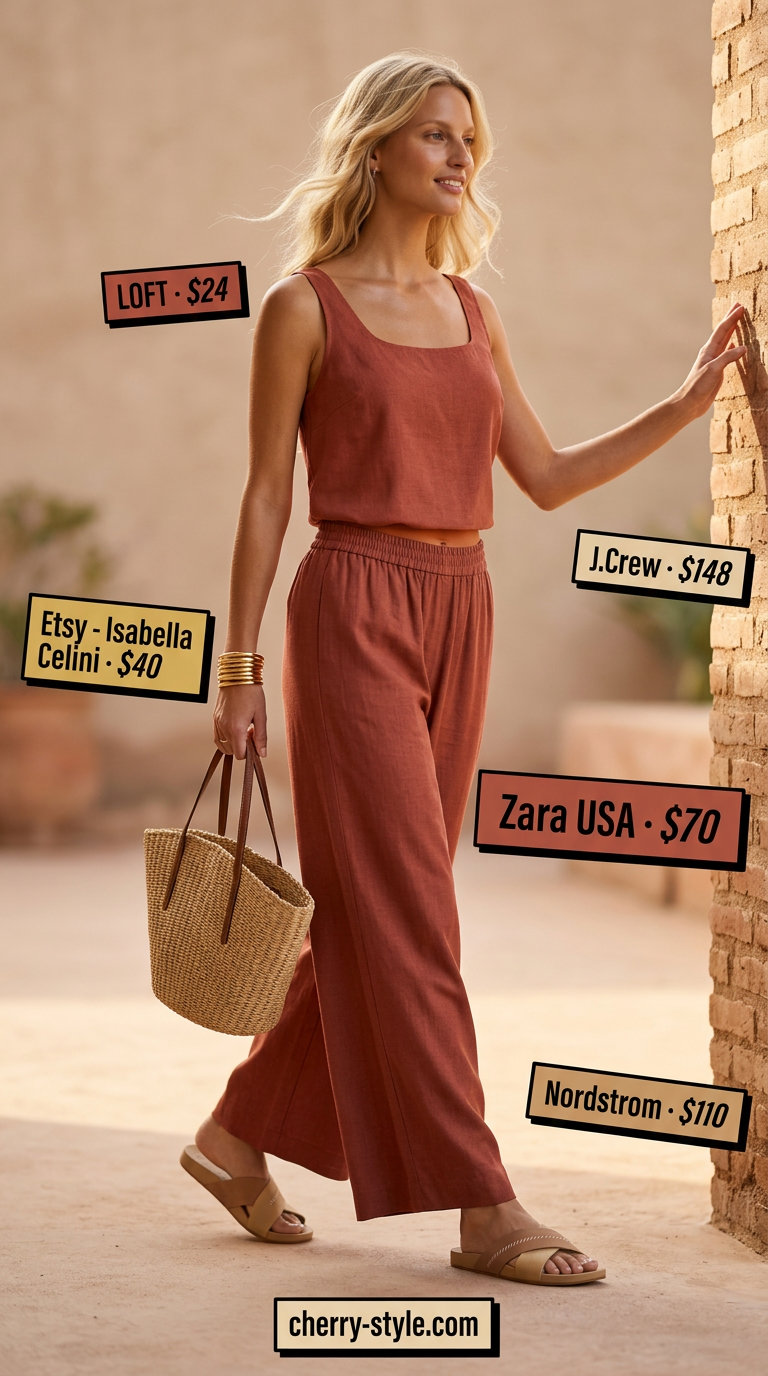 Relaxed vacation outfit with soft terracotta low-waist wide-leg trousers and matching top for women 2026.
