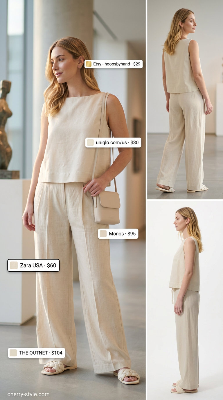 Modern minimalist outfit with cream low-waist wide-leg trousers and matching top for women 2026.